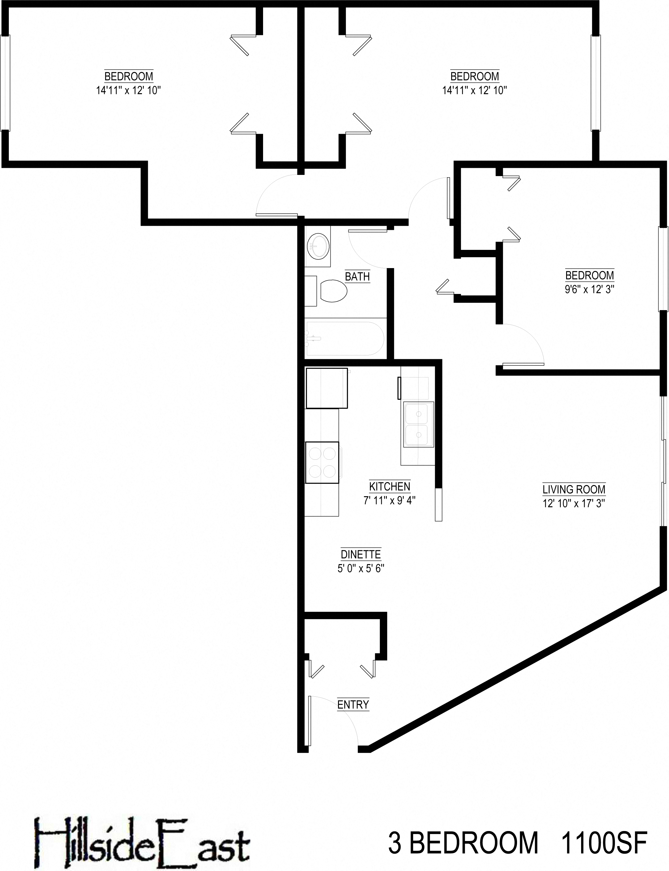 Floor plan for 3 beds, 1 bath, 1100 sqft